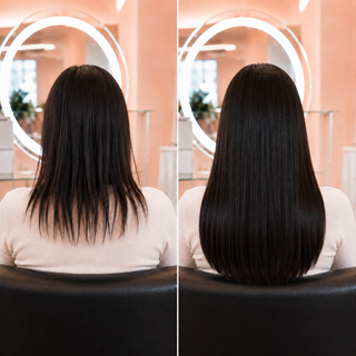 Woman with full, voluminous hair from hand-tied weft extensions at Bond Hair Bar in San Mateo