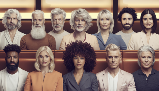 A diverse group of men and women with various hairstyles in a serene, upscale salon, showcasing the transformative power of hair extensions and restoration solutions.
