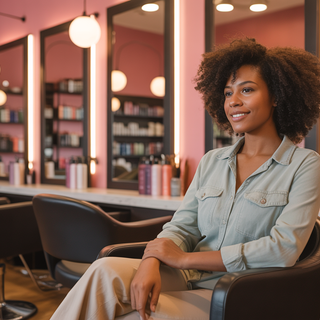 An African American woman seated in a modern salon with warm lighting, soft pink walls, and neatly displayed hair care products, creating a supportive and empowering atmosphere.