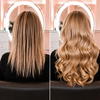Before and after hand-tied hair extensions on fine, thinning hair at Bond Hair Bar, San Mateo