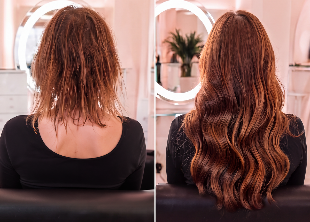 Before and after hand-tied hair extension transformation at Bond Hair Bar San Mateo