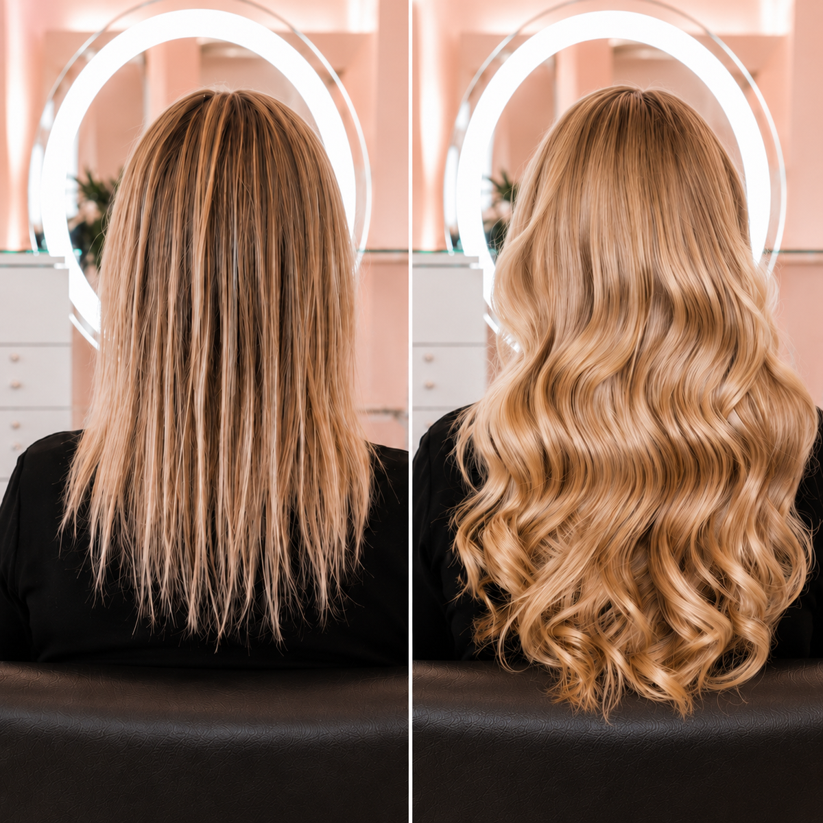 Before and after hair extension transformation