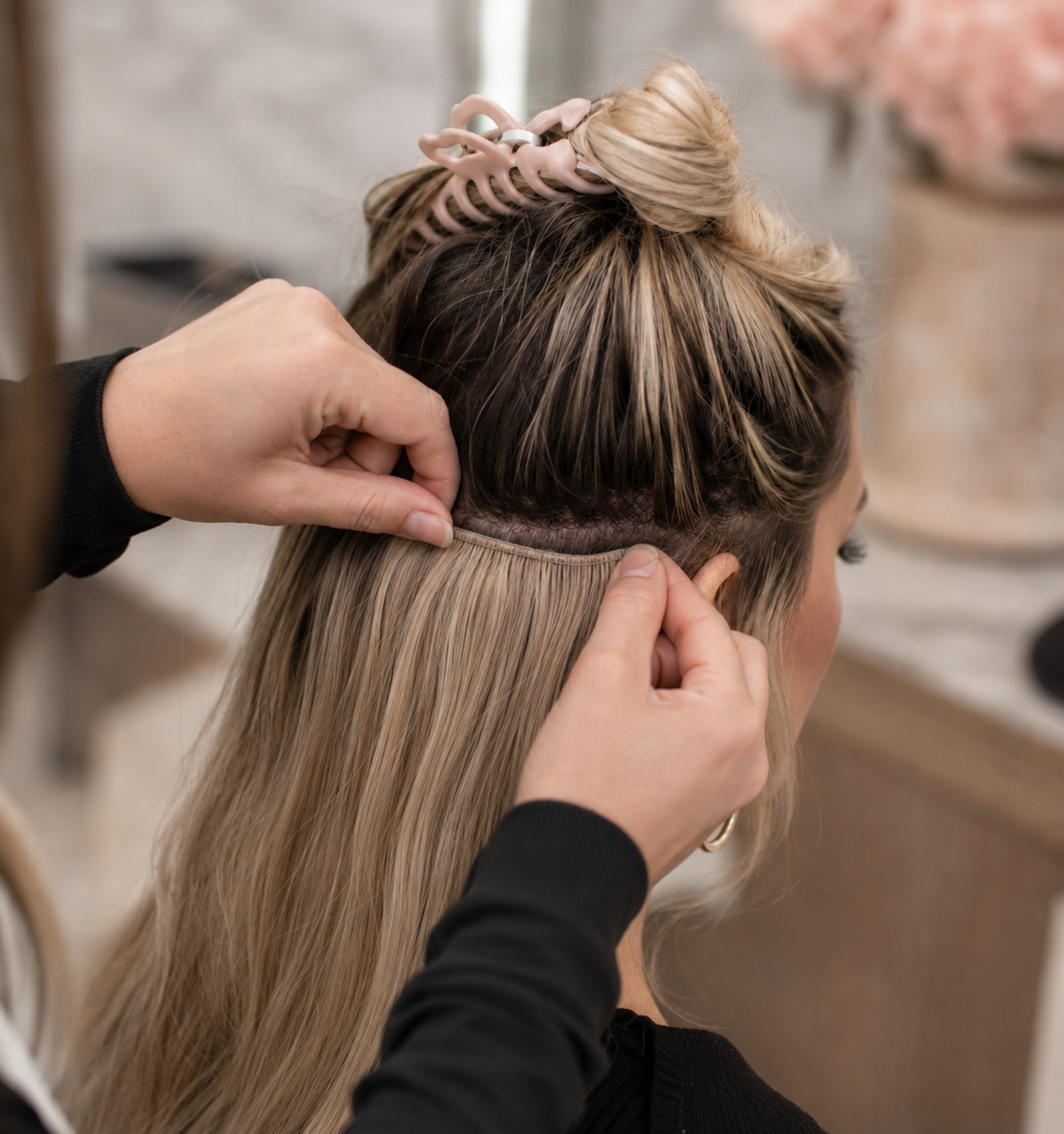 Close-up of a hand-tied weft used for hair extensions at Bond Hair Bar