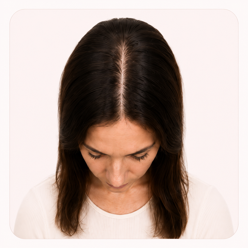 Stage 1 hair thinning: full density at crown and part line