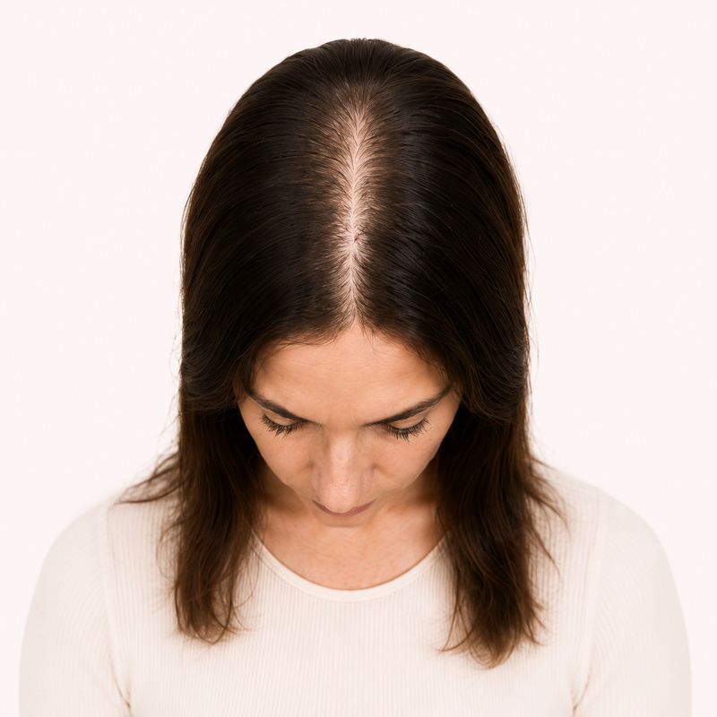 Stage 2 hair thinning: slight widening at the part