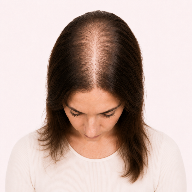 Stage 3 hair thinning: visibly wider part with diffuse thinning