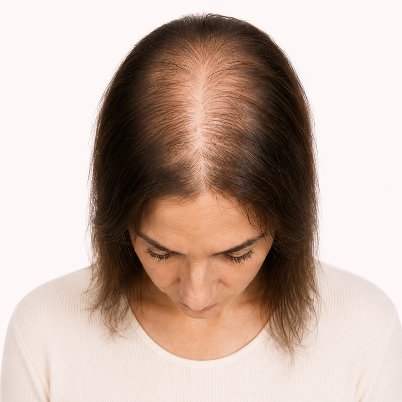 Stage 4 hair thinning: visible scalp at crown and front