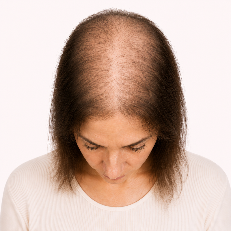 Stage 5 hair thinning: significant diffuse thinning across the top